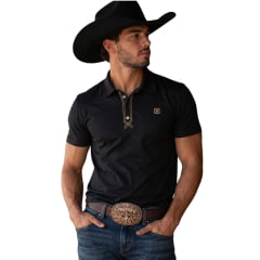 Camisa Polo Masculina TXC Malha Regular Piquet Preto Logo Bege Ref:6983