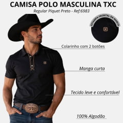 Camisa Polo Masculina TXC Malha Regular Piquet Preto Logo Bege Ref:6983