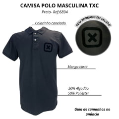 Camisa Polo Masculina TXC Manga Curta Regular Piquet Extra Type Preto Com Logo Preto Bordado Veludo Ref:6894