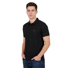 Camisa Polo Masculina TXC Manga Curta Slim Piquet Preto Com Logo Pequeno Bordado Em Laranja Ref:6950
