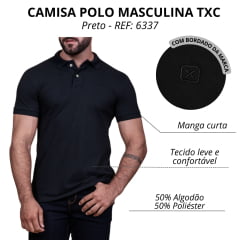 Camisa Polo Masculina TXC Preta Manga Curta Classic Com Logo Bordado Em Preto - REF: 6337