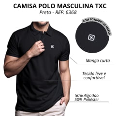 Camisa Polo Masculina TXC Preta Manga Curta Com Logo Em Feltro Branco - REF: 6368