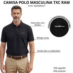 Camisa Polo Masculina TXC RAM Regular Manga Curta Preto Logo Aplicado - Ref:RAM6337