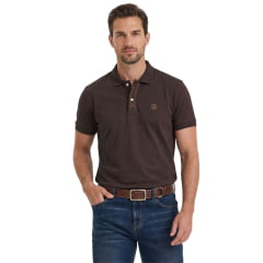 Camisa Polo Masculina TXC Regular Piquet Manga Curta Marrom Escuro Logo Creme Ref:6983