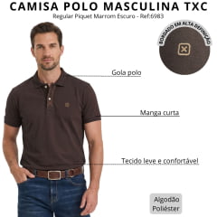 Camisa Polo Masculina TXC Regular Piquet Manga Curta Marrom Escuro Logo Creme Ref:6983