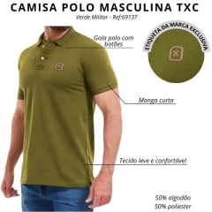 Camisa Polo Masculina TXC Regular Piquet Verde Militar Logo Bordado Marrom Ref:69137
