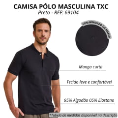 Camisa Polo Masculina TXC Slim Piquet Elastano Preta Com Logo Bordada REF: 69104