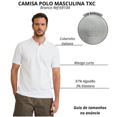 Camisa Polo Masculina TXC Slim Piquet Manga Curta Branco Com Elastano Logo Bordado Ref:69104