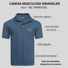 Camisa Polo Masculina Wrangler Malha Pique Manga Curta Azul Sem Bolso Com Bordado Logo Ref:WM9053AJ