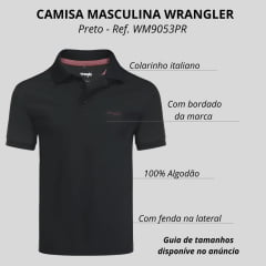 Camisa Polo Masculina Wrangler Malha Pique Manga Curta Preta Sem Bolso Com Logo Bordô Ref:WM9053PR