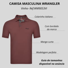 Camisa Polo Masculina Wrangler Malha Pique Manga Curta Vinho Sem Bolso Com Bordado Preto Ref:WM9053VI