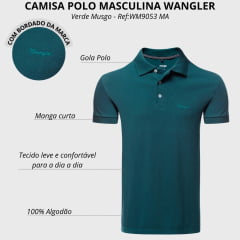 Camisa Polo Masculina Wrangler Malha Piquet Confort Manga Curta Verde Musgo Sem Bolso Com Bordado Cinza Ref:WM9051 MU