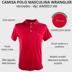 Camisa Polo Masculina Wrangler Malha Piquet Confort Manga Curta Vermelho Com Bordado Ref:WM9053 VM