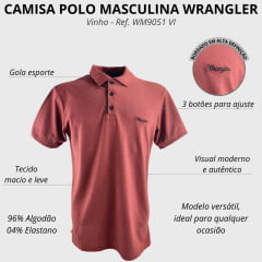 Camisa Polo Masculina Wrangler Malha Piquet Confort Manga Curta Vinho Sem Bolso Com Bordado Preto Ref:WM9051 VI