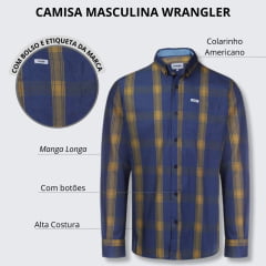 Camisa Wrangler Manga Longa Tricoline FT Com Bolso Xadrez Grande Azul Bic/Amarelo Mostarda Ref.WLS175UN