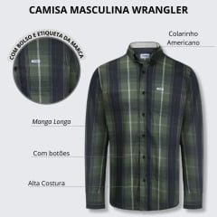 Camisa Wrangler Manga Longa Xadrez Tricoline Grande Verde Musgo/Preto/Branco Com Bolso Ref. WLS165UN