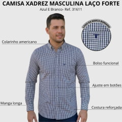 Camisa Masculina Laço Forte Xadrez Azul E Branco Manga Longa Logo Azul Escuro Ref: 31611
