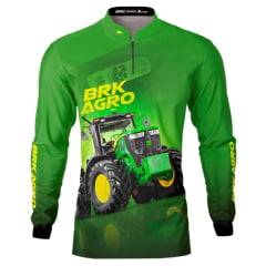 Camiseta Agro Masculina BRK Preta Manga Longa C/ Zíper Na Gola UV50+ Trator Verde 7M Ref:1245