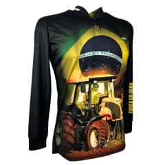 Camiseta Agro Masculina BRK Preta Manga Longa Com Zíper Na Gola E Balaclava UV50+ Brasil Trator Amarelo Ref:0734