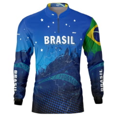 Camiseta De Pesca Masculina BRK Azul Royal Manga Longa Com Zíper Na Gola E Balaclava Uv50+ Mapa Do Brasil Ref:0671