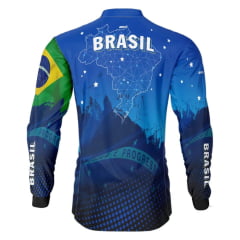 Camiseta De Pesca Masculina BRK Azul Royal Manga Longa Com Zíper Na Gola E Balaclava Uv50+ Mapa Do Brasil Ref:0671