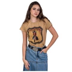 Camiseta Feminina Miss Country Caramelo Manga Curta Princess Com Bordado Em Pedras Pretas - Ref. 3178