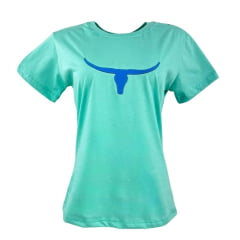 Camiseta Feminina Os Moiadeiros Tshirt Ciano (Verde Água) Manga Curta Com Logo Aplicado Em Azul REF: CMF2367