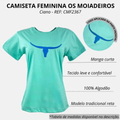 Camiseta Feminina Os Moiadeiros Tshirt Ciano (Verde Água) Manga Curta Com Logo Aplicado Em Azul REF: CMF2367