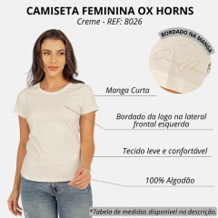 Camiseta Feminina Ox Horns Creme Manga Curta Básica Com Logo Bordada REF: 8026