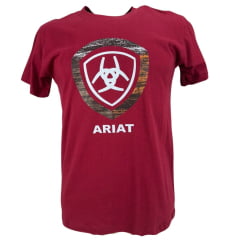 Camiseta Masculina Ariat Manga Curta Vermelho Bordô Com Logo Ferradura Branco