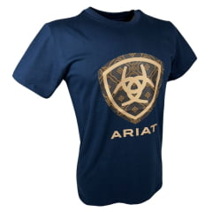 Camiseta Masculina Ariat Azul Marinho Manga Curta Com Logo Bege