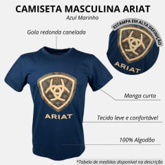 Camiseta Masculina Ariat Azul Marinho Manga Curta Com Logo Bege