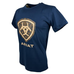 Camiseta Masculina Ariat Azul Marinho Manga Curta Com Logo Bege