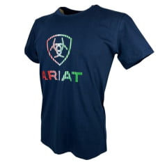 Camiseta Masculina Ariat Azul Marinho Manga Curta Com Logo Listrado Vermelho/Branco/Verde