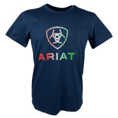 Camiseta Masculina Ariat Azul Marinho Manga Curta Com Logo Listrado Vermelho/Branco/Verde