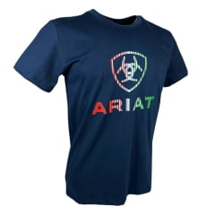 Camiseta Masculina Ariat Azul Marinho Manga Curta Com Logo Listrado Vermelho/Branco/Verde