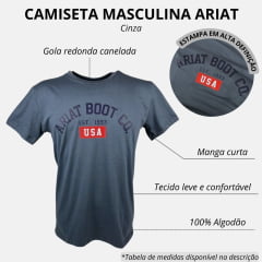 Camiseta Masculina Ariat Cinza Escuro Manga Curta Com Logo Azul e USA Vermelho