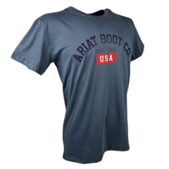 Camiseta Masculina Ariat Cinza Escuro Manga Curta Com Logo Azul e USA Vermelho