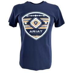 Camiseta Masculina Ariat Manga Curta Azul Marinho Com Logo Branco Azul E Bege