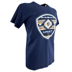 Camiseta Masculina Ariat Manga Curta Azul Marinho Com Logo Branco Azul E Bege