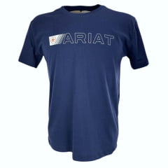 Camiseta Masculina Ariat Manga Curta Azul Marinho Com Logo Branco E Laranja