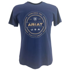 Camiseta Masculina Ariat Manga Curta Azul Marinho Com Logo Creme E USA Branco