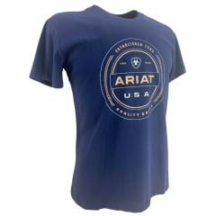 Camiseta Masculina Ariat Manga Curta Azul Marinho Com Logo Creme E USA Branco