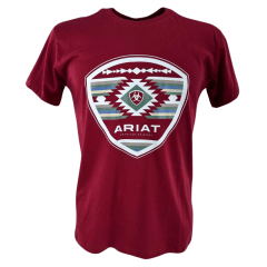 Camiseta Masculina Ariat Manga Curta Bordô Com Logo Branco Verde E Azul
