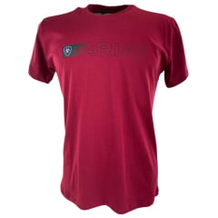 Camiseta Masculina Ariat Manga Curta Bordô Com Logo Preto E Lilás