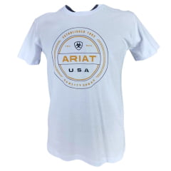 Camiseta Masculina Ariat Manga Curta Branco Com Logo Estampado Creme e Usa Preto