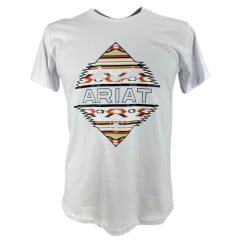 Camiseta Masculina Ariat Manga Curta Branco Com Logo Estampado Preto E Laranja E Cowboy Laçando