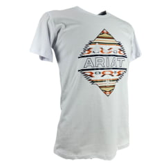 Camiseta Masculina Ariat Manga Curta Branco Com Logo Estampado Preto E Laranja E Cowboy Laçando