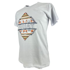 Camiseta Masculina Ariat Manga Curta Branco Com Logo Estampado Preto E Laranja E Cowboy Laçando
