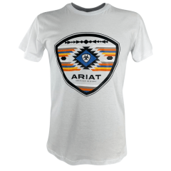 Camiseta Masculina Ariat Manga Curta Branco Com Logo Preto Azul E Laranja